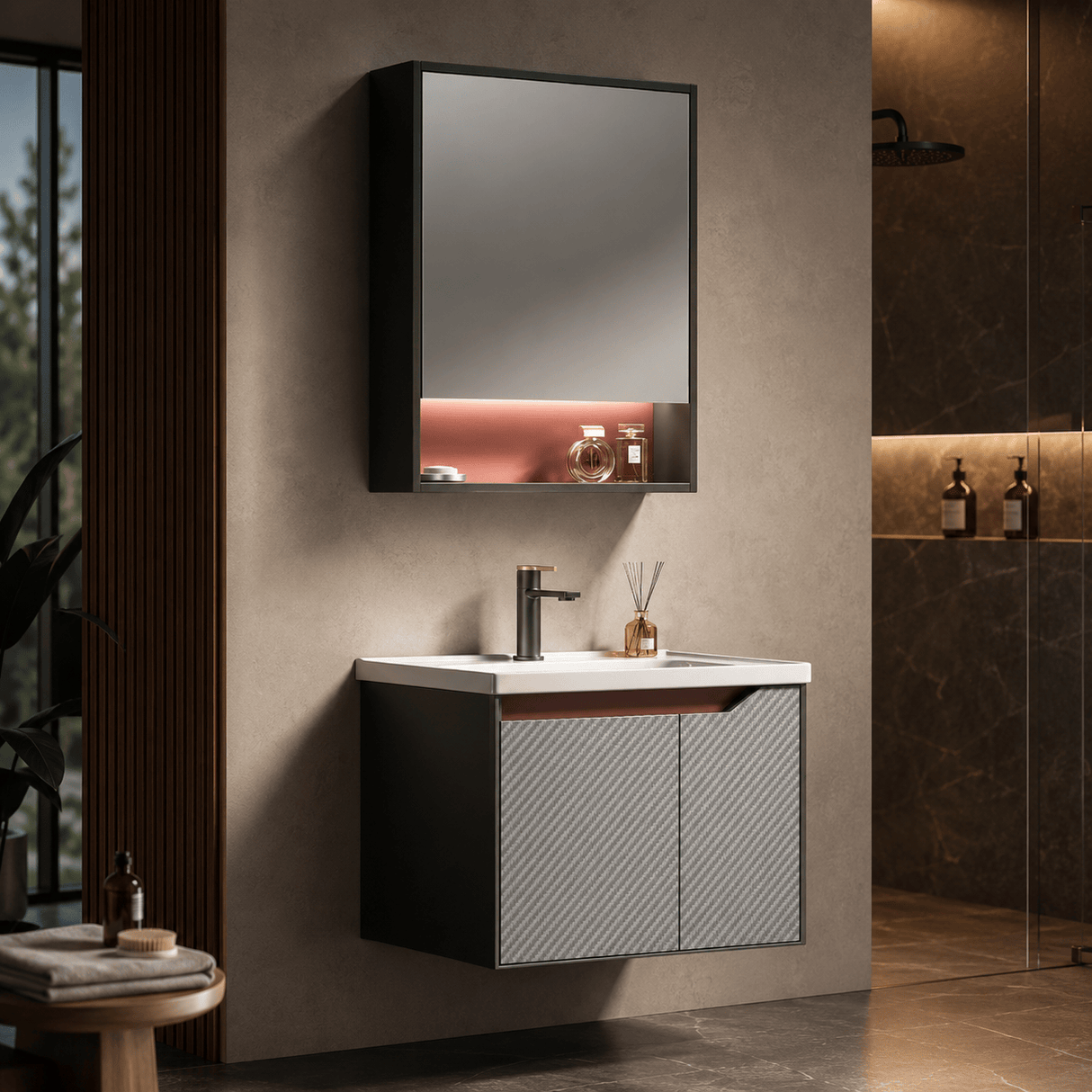 Wahkit Bathroom Vanity & Cabinets Wahkit Grey and Red Accent PVC Bathroom Vanity with Mirror 600mm - K-9629