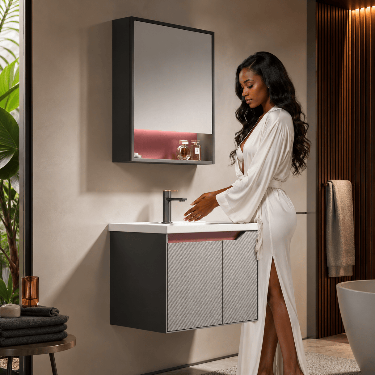Wahkit Bathroom Vanity & Cabinets Wahkit Grey and Red Accent PVC Bathroom Vanity with Mirror 600mm - K-9629