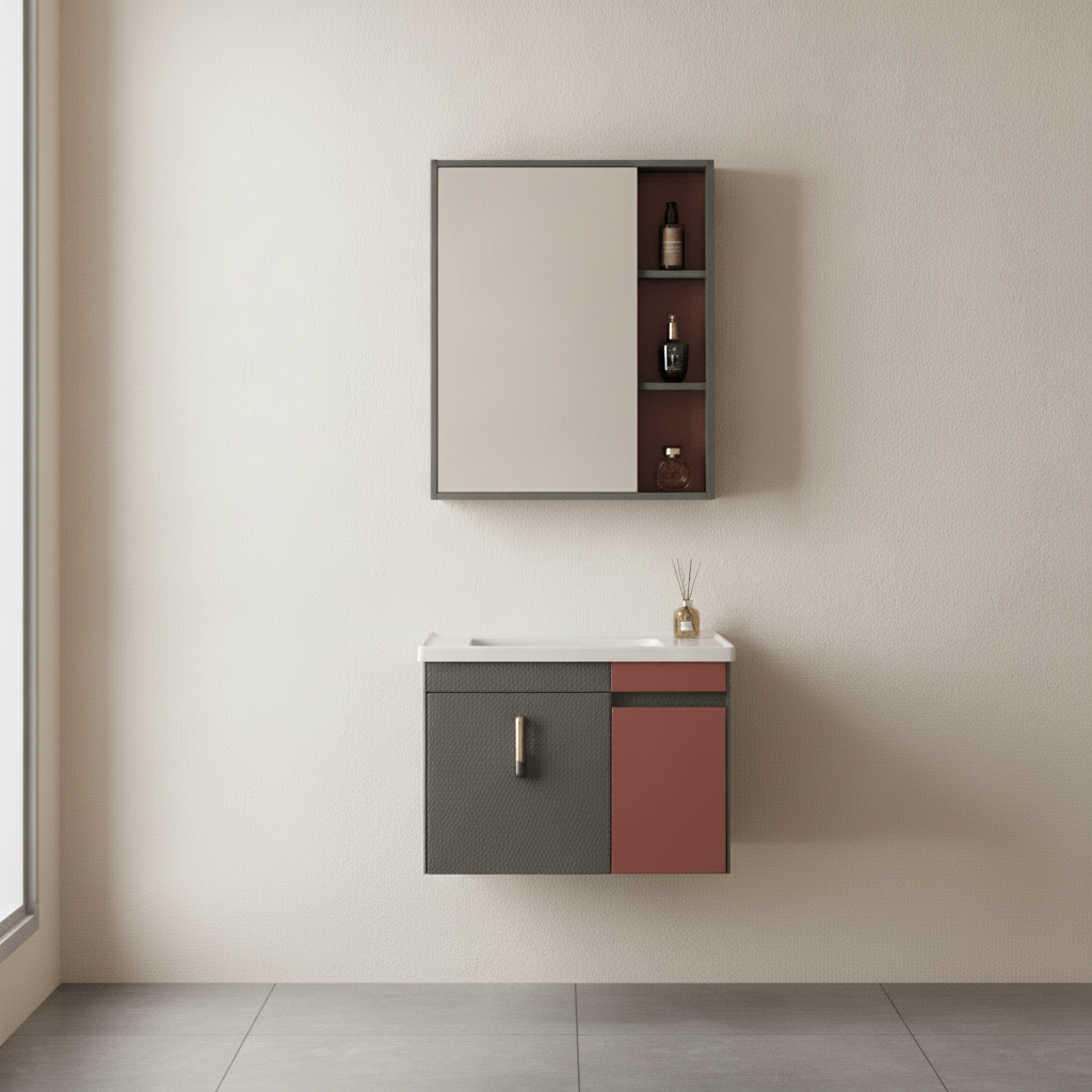 Wahkit Bathroom Vanity & Cabinets Wahkit Grey and Red Accent PVC Bathroom Vanity with Mirror 700mm - K-9620