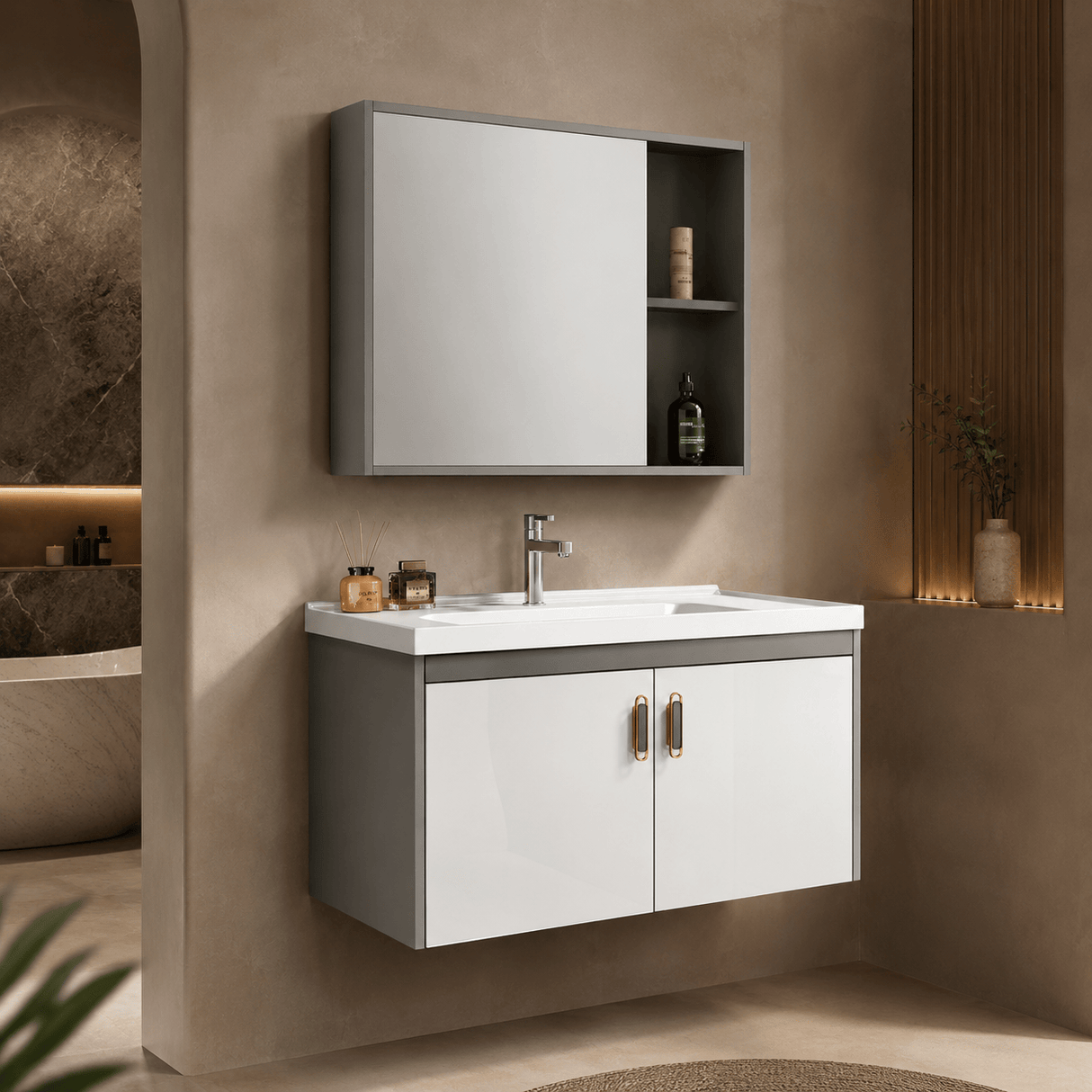Wahkit Bathroom Vanity & Cabinets Wahkit Grey and White Floating Plywood Bathroom Vanity with Smart Mirror 600mm - K-9135A