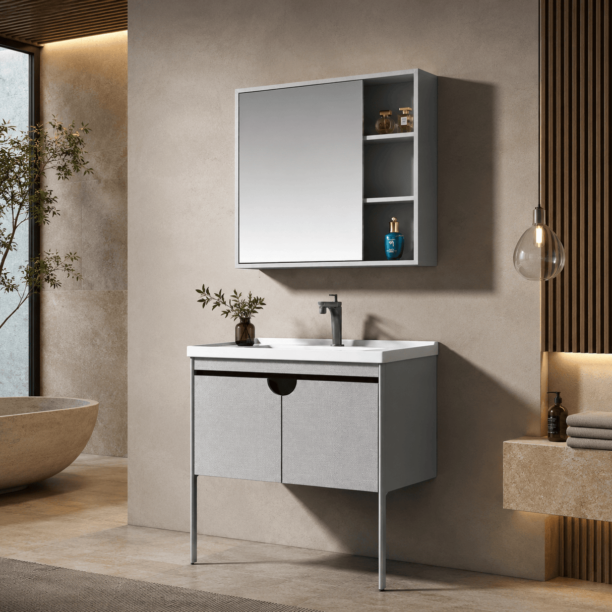 Wahkit Bathroom Vanity & Cabinets Wahkit Grey Ribbed Plywood Bathroom Vanity with Basin and Mirror 700mm - K-9087B