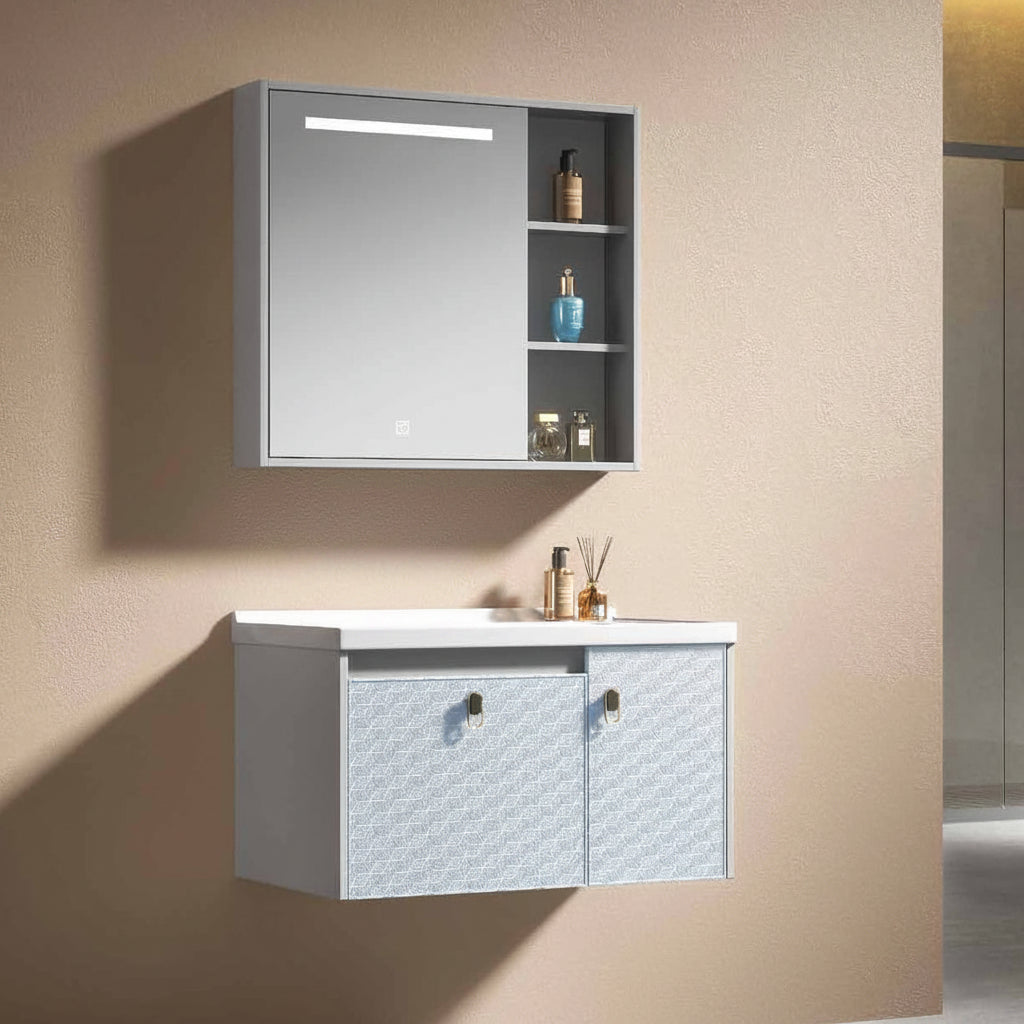 Wahkit Bathroom Vanity & Cabinets Wahkit Light Blue Grey Textured PVC Bathroom Vanity with Smart Mirror 600mm - K-9918A