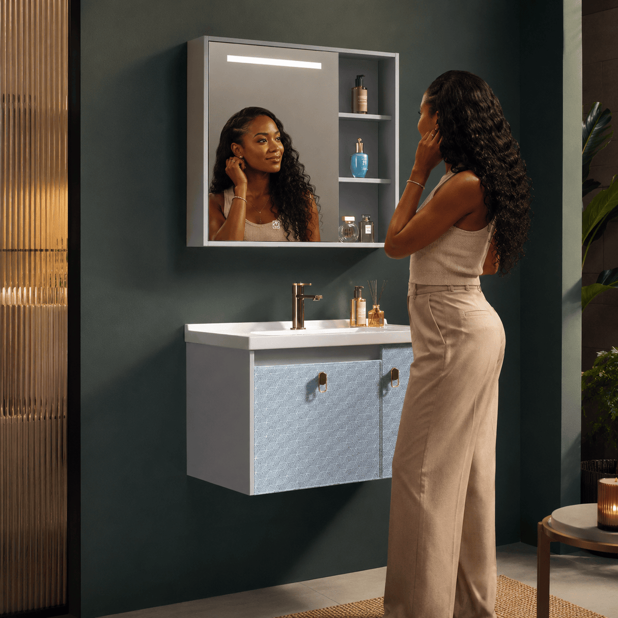 Wahkit Bathroom Vanity & Cabinets Wahkit Light Blue Grey Textured PVC Bathroom Vanity with Smart Mirror 600mm - K-9918A