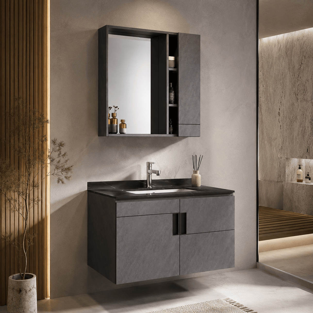 Wahkit Bathroom Vanity & Cabinets Wahkit Marble Plywood Bathroom Vanity with Basin and Mirror 800mm - K-9136C