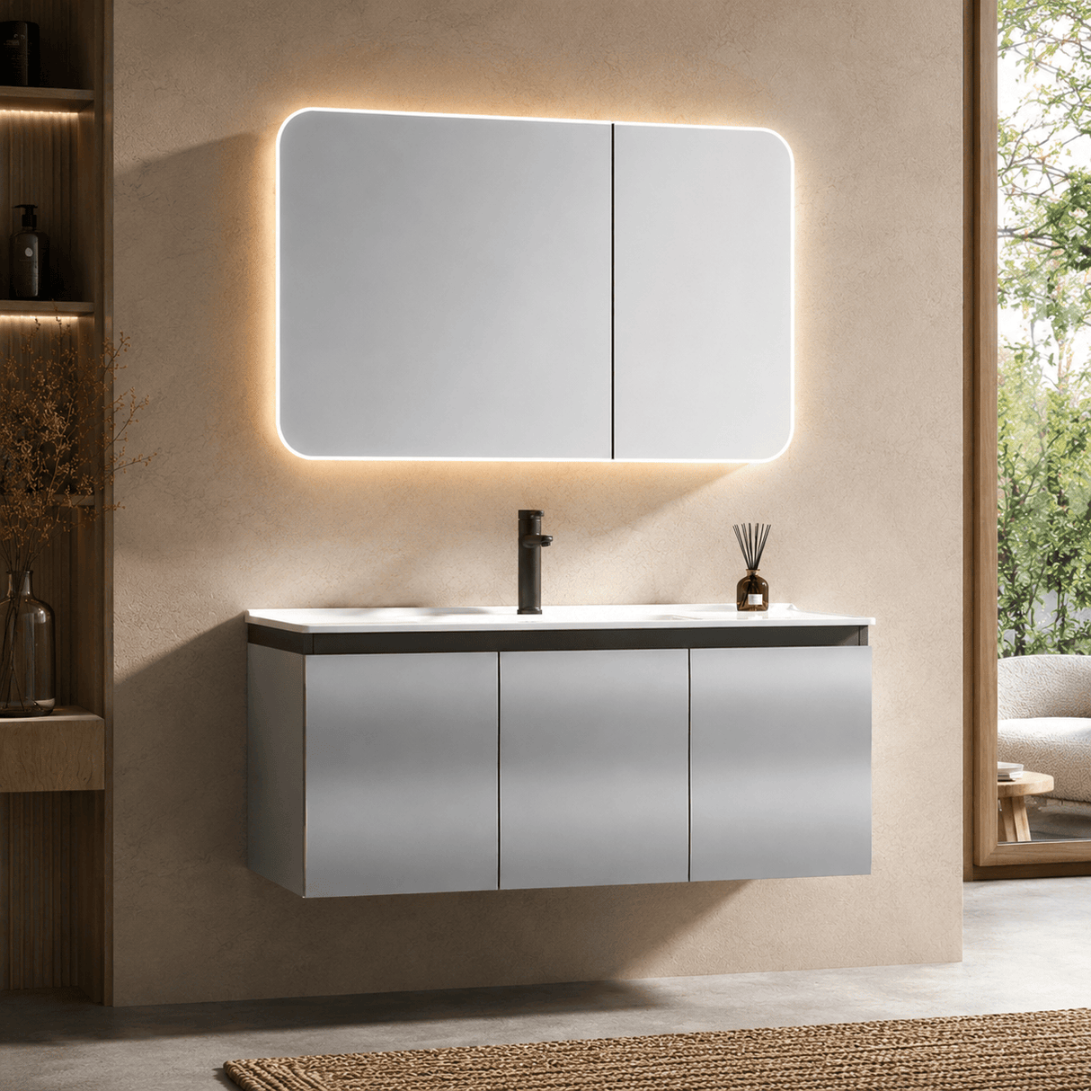 Wahkit Bathroom Vanity & Cabinets Wahkit Silver Grey Floating PVC Bathroom Vanity with Basin and Mirror 1000mm - K-6120A