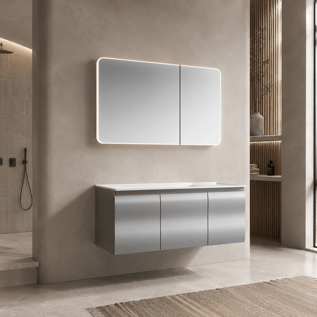 Wahkit Bathroom Vanity & Cabinets Wahkit Silver Grey Floating PVC Bathroom Vanity with Basin and Mirror 1000mm - K-6120A