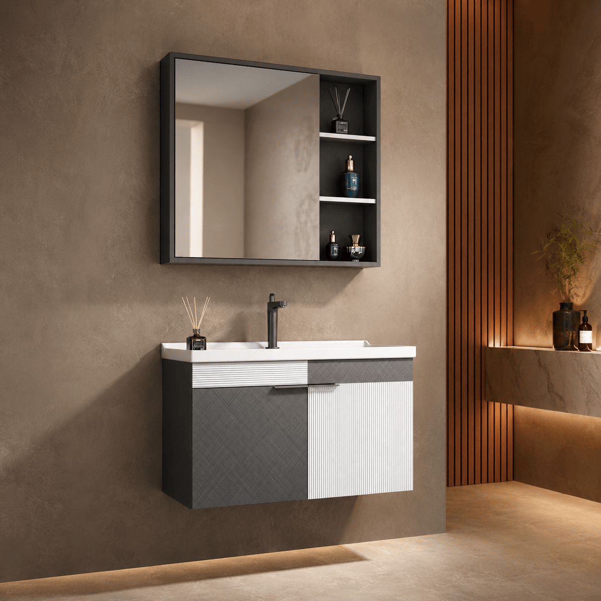 Wahkit Bathroom Vanity & Cabinets Wahkit Two-Tone Charcoal White Fluted Plywood Bathroom Vanity with Mirror Cabinet 800mm - K-9082
