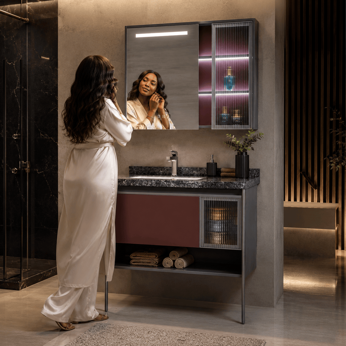 Wahkit Bathroom Vanity & Cabinets Wahkit Warm Wood Plywood and Marble Bathroom Vanity with Basin and Smart Mirror 1000mm - K-9041A