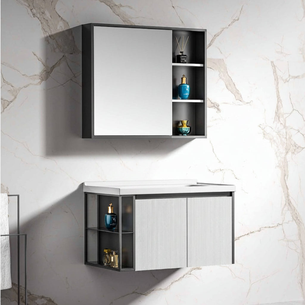 Wahkit Bathroom Vanity & Cabinets Wahkit White Fluted Plywood Bathroom Vanity with Black Accent Mirror Cabinet 800mm - K-9063