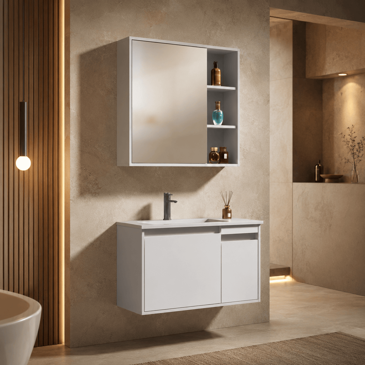 Wahkit Bathroom Vanity & Cabinets Wahkit White PVC and Marble Bathroom Vanity with Mirror Cabinet 600mm - K-9753C