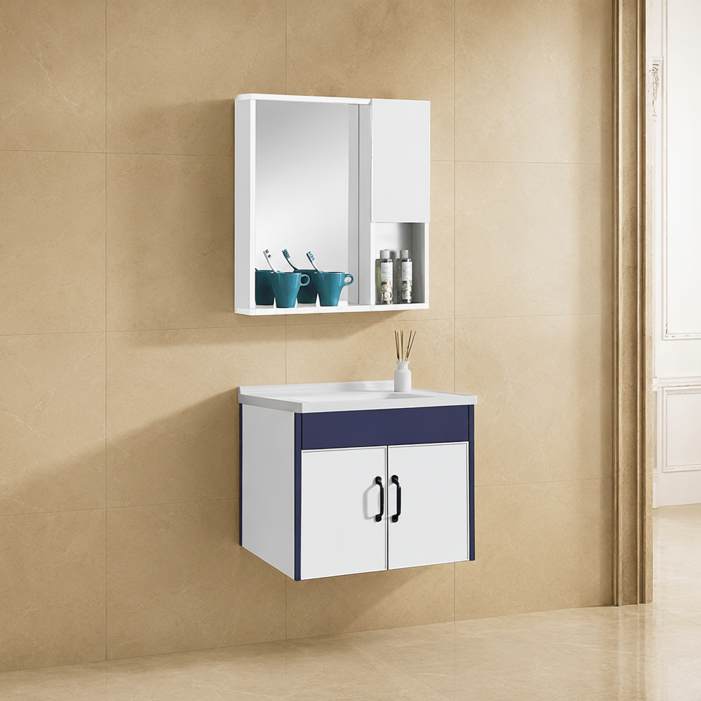 Wahkit Bathroom Vanity & Cabinets Wahkit White with Charcoal Accent Double Door PVC Bathroom Vanity with Basin and Mirror 600mm - K-9232