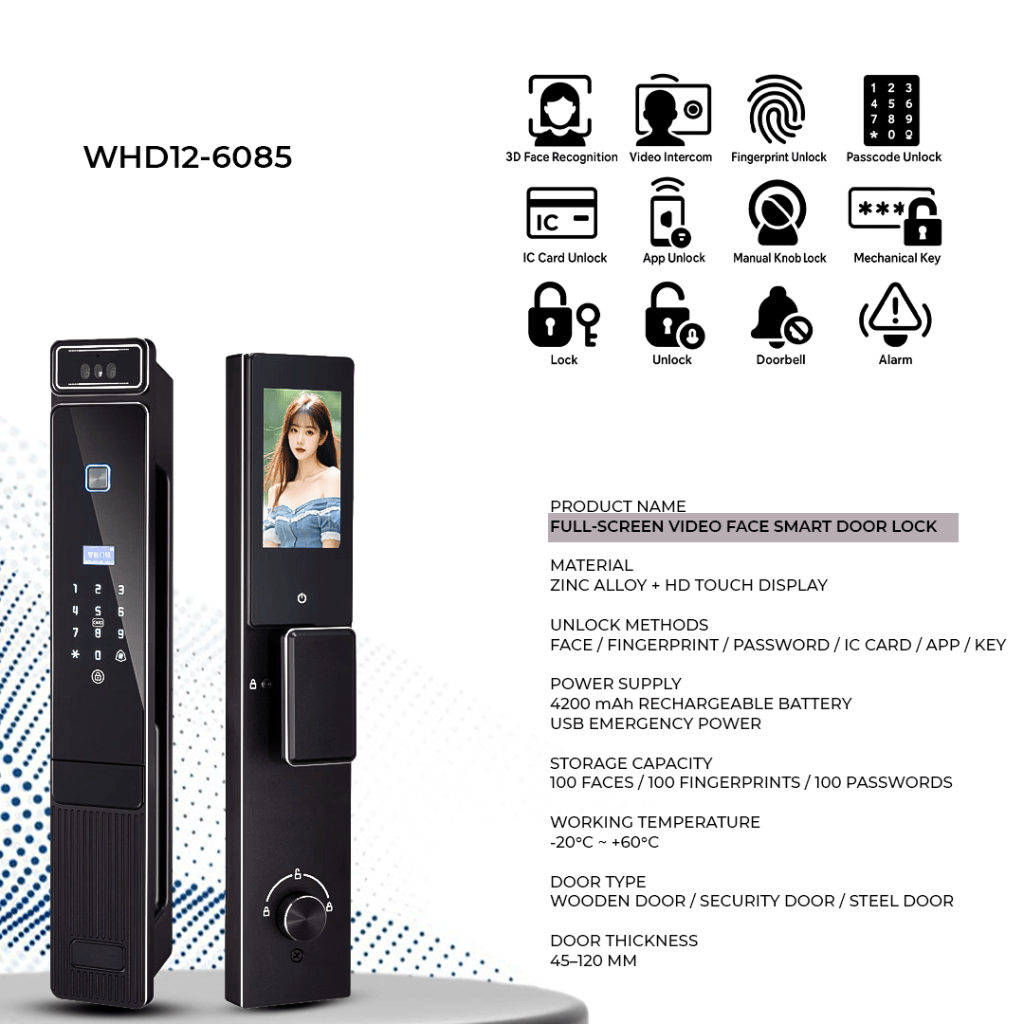 Westa Smart Locks & Digital Access Westa 300-User CNC Aluminium Smart Door Lock with 3D Face Recognition, Fingerprint Unlock & Video Intercom for Turkish Doors - WHD12-6085