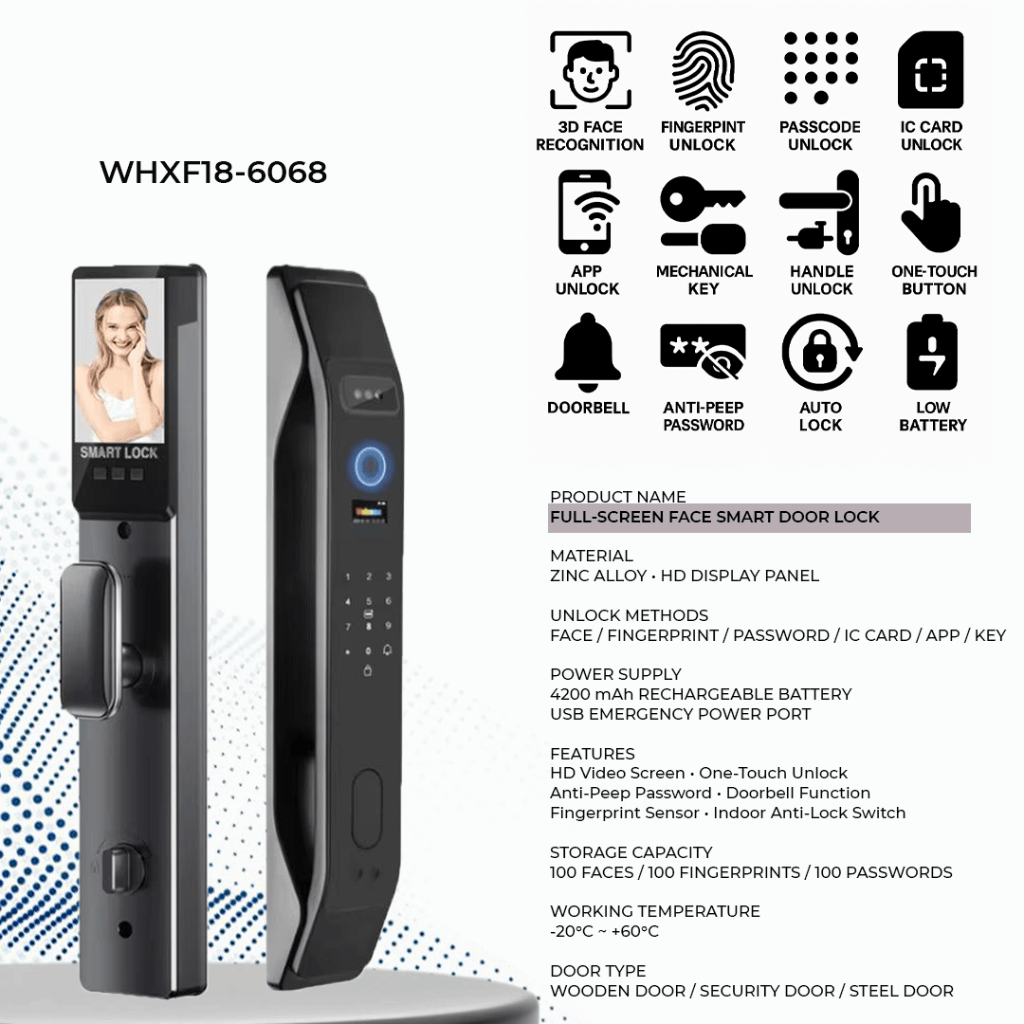 Westa Smart Locks & Digital Access Westa Full-Screen Smart Lock with Face Recognition, Fingerprint Unlock & App Unlock for Chinese Style Doors - WHXF18-6068