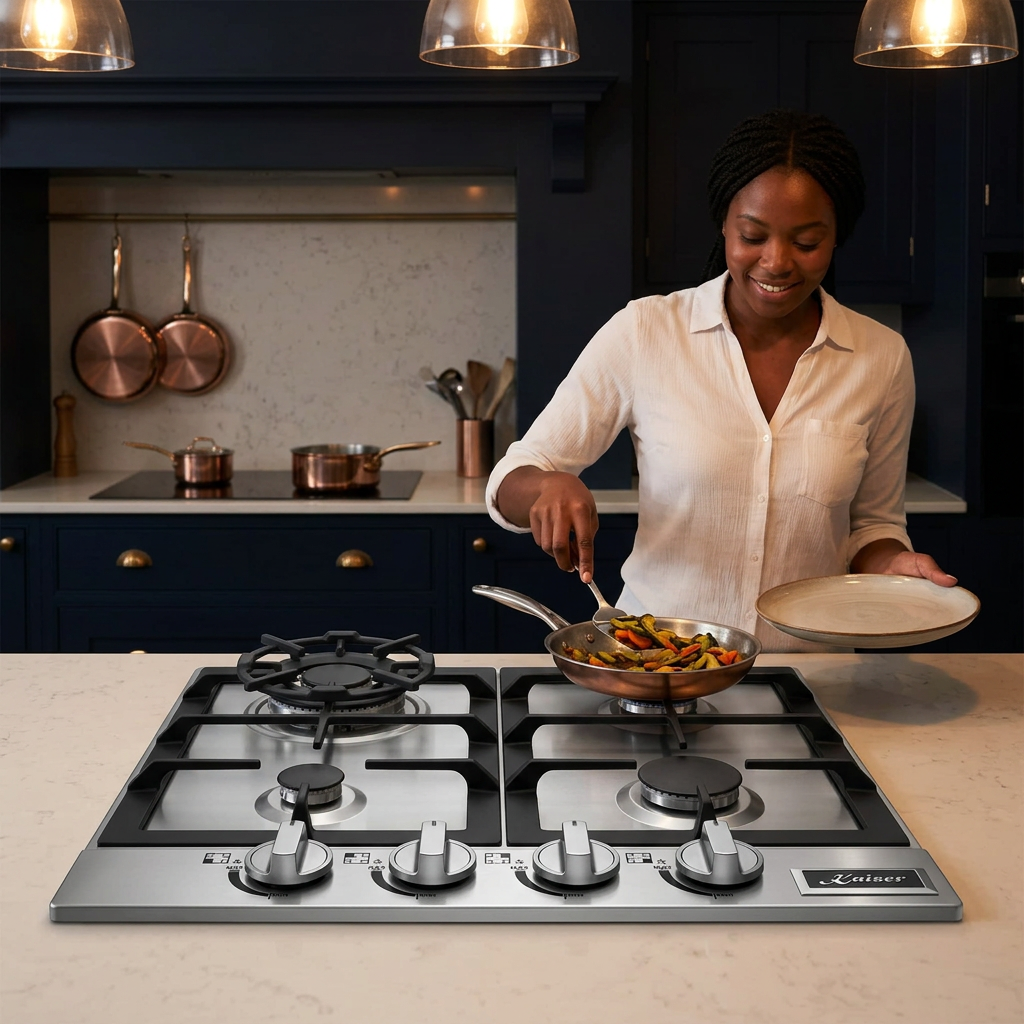 Wider evening kitchen scene with a cook serving a finished meal beside the hob