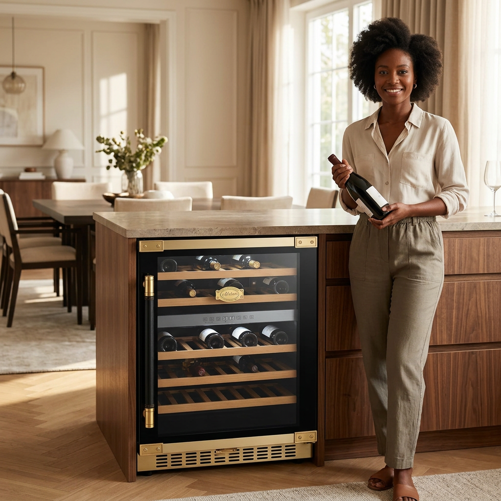 Woman holding a wine bottle beside the Kaiser Art Deco wine cooler