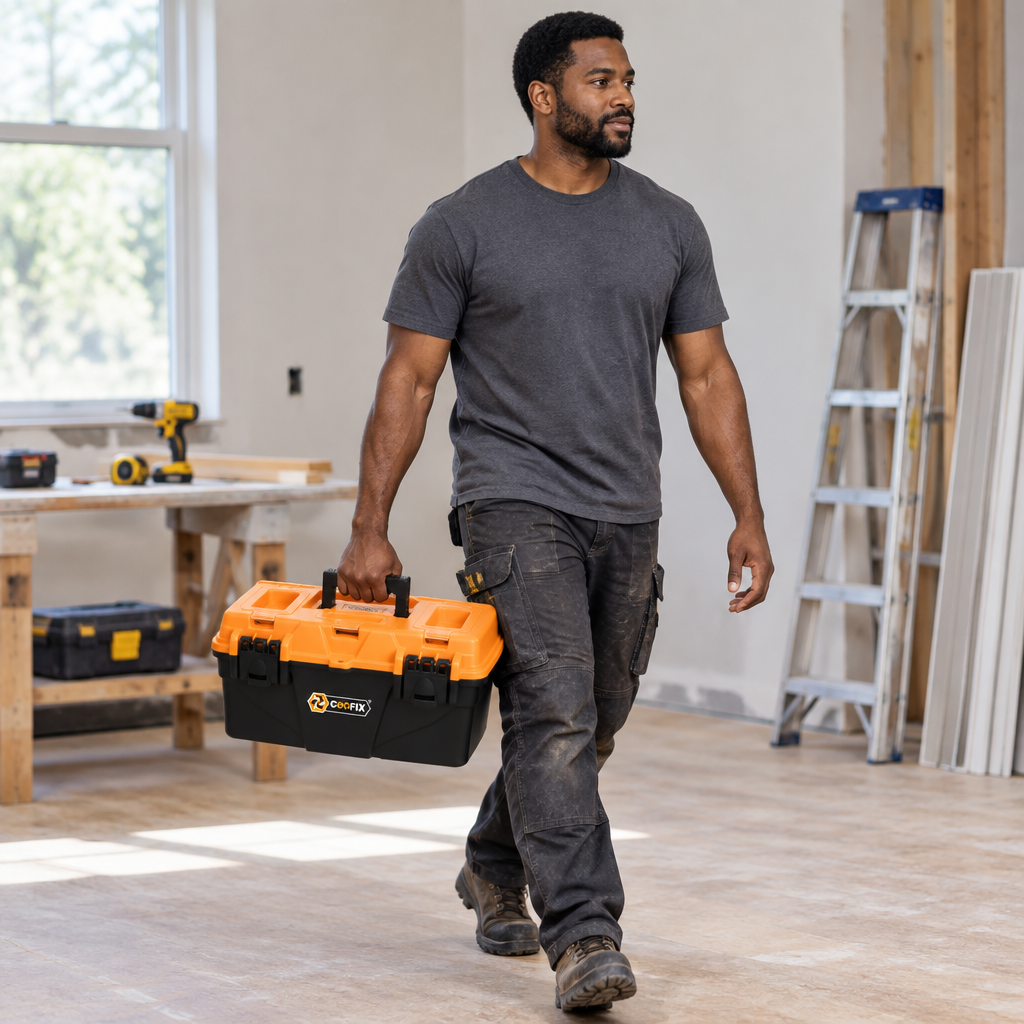 Worker carrying the Coofix toolbox by its handle