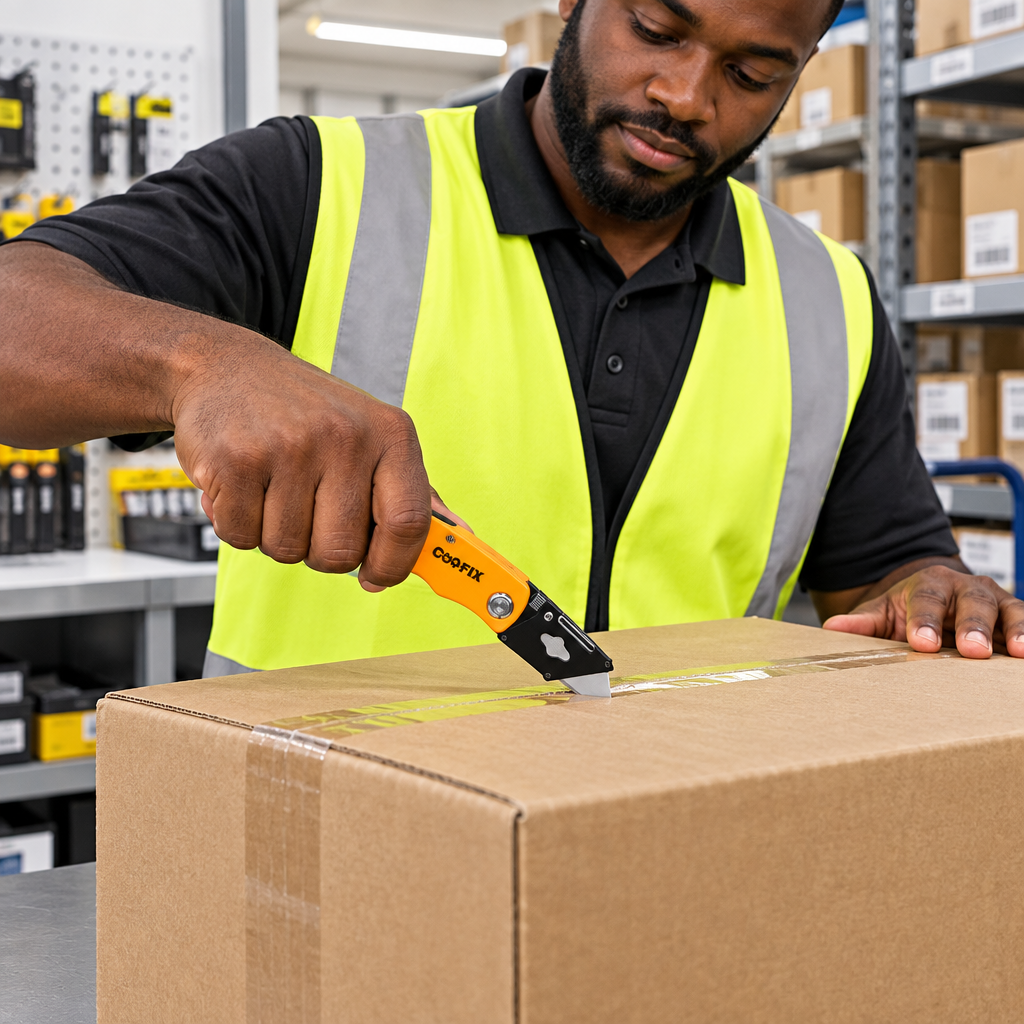 Worker using the Coofix folding utility knife to open a taped carton
