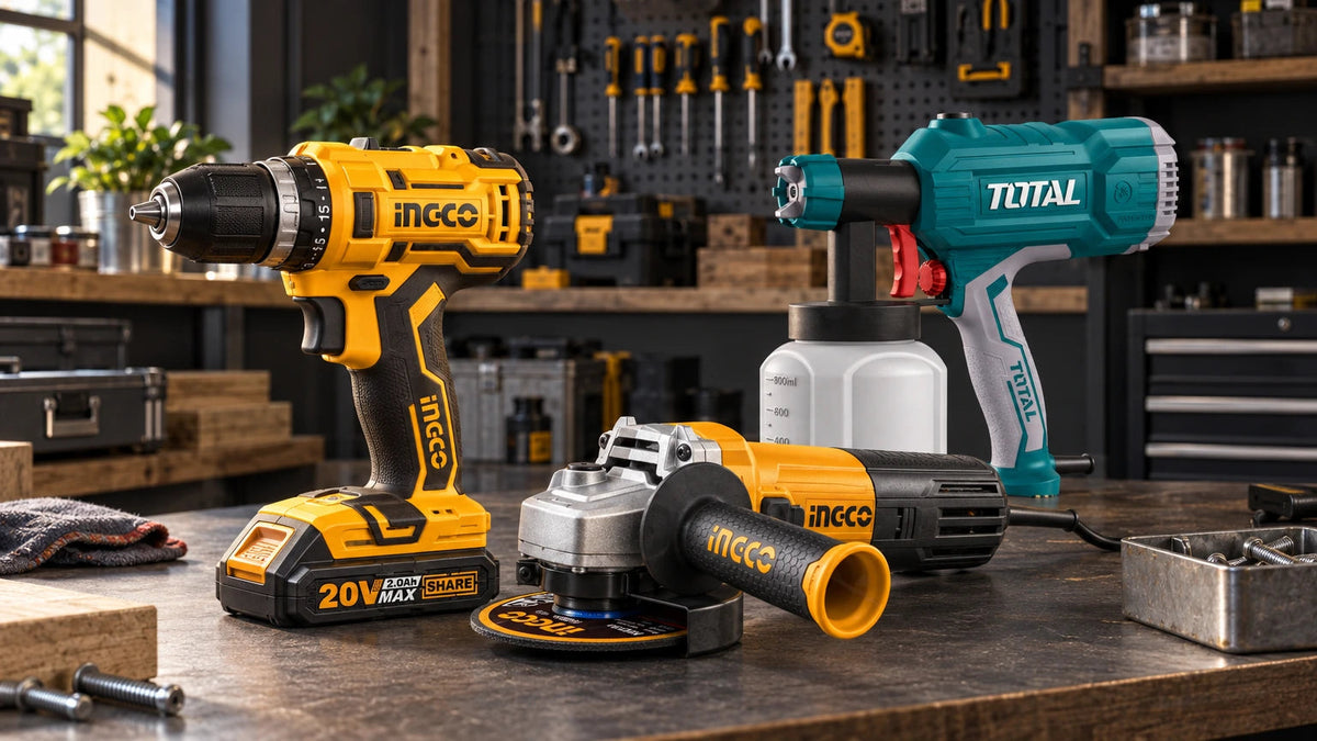 INGCO cordless drill, angle grinder and Total spray gun arranged on a workshop bench as everyday value tools