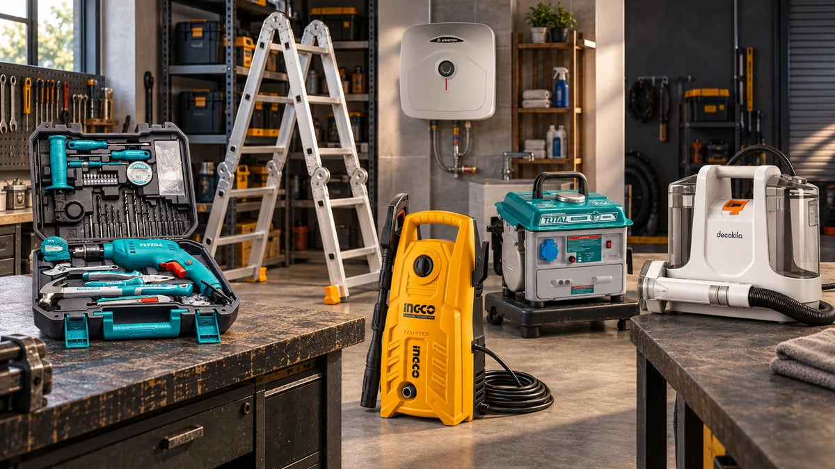 Wide workshop scene showing a Total tool set, Ingco pressure washer and ladder, Total generator, Ariston water heater, and Decakila spot cleaner arranged as a-<