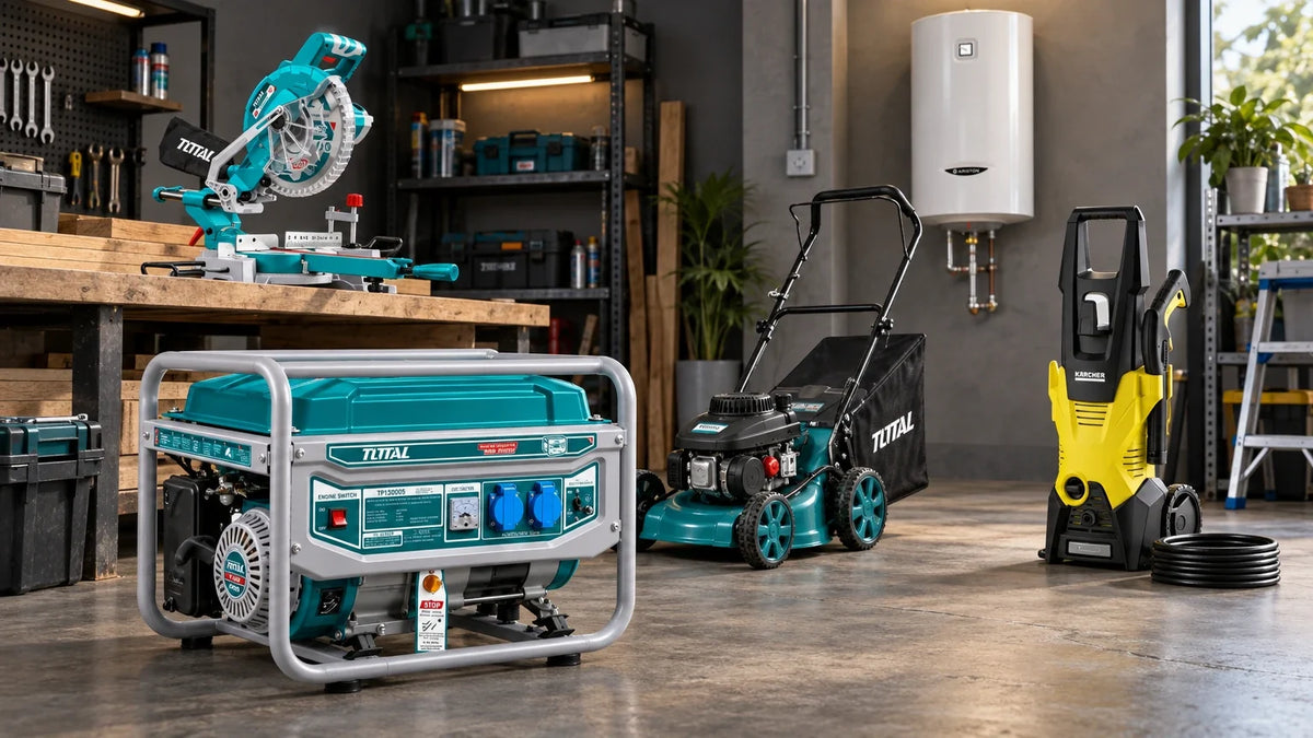 Upper-mid value home and workshop products including a Total generator, lawn mower and mitre saw, Karcher pressure washer, and wall-mounted Ariston water heater