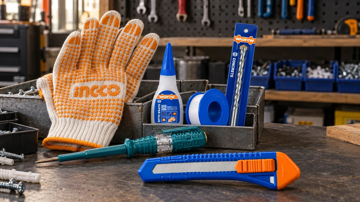Grounded selection of Ingco gloves, Total voltage tester, Wadfow snap-off knife, super glue, PTFE tape and masonry drill bit on a workshop bench