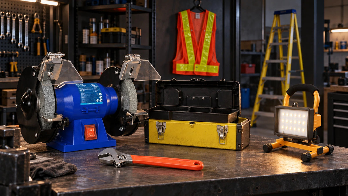 Tera tools and equipment arranged on a workshop bench with a bench grinder, steel tool box, adjustable wrench, LED work lamp and reflective safety vest