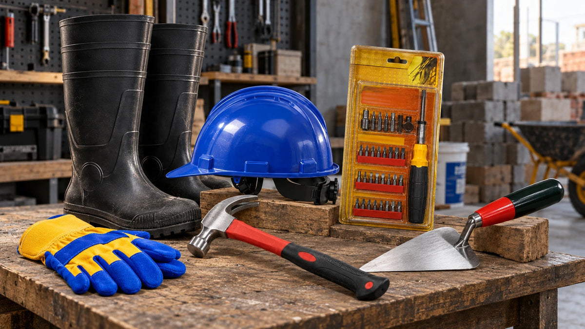 Grado work and safety equipment arranged on a workshop bench with a blue helmet, black rain boots, blue and yellow gloves, claw hammer, screwdriver set and trow