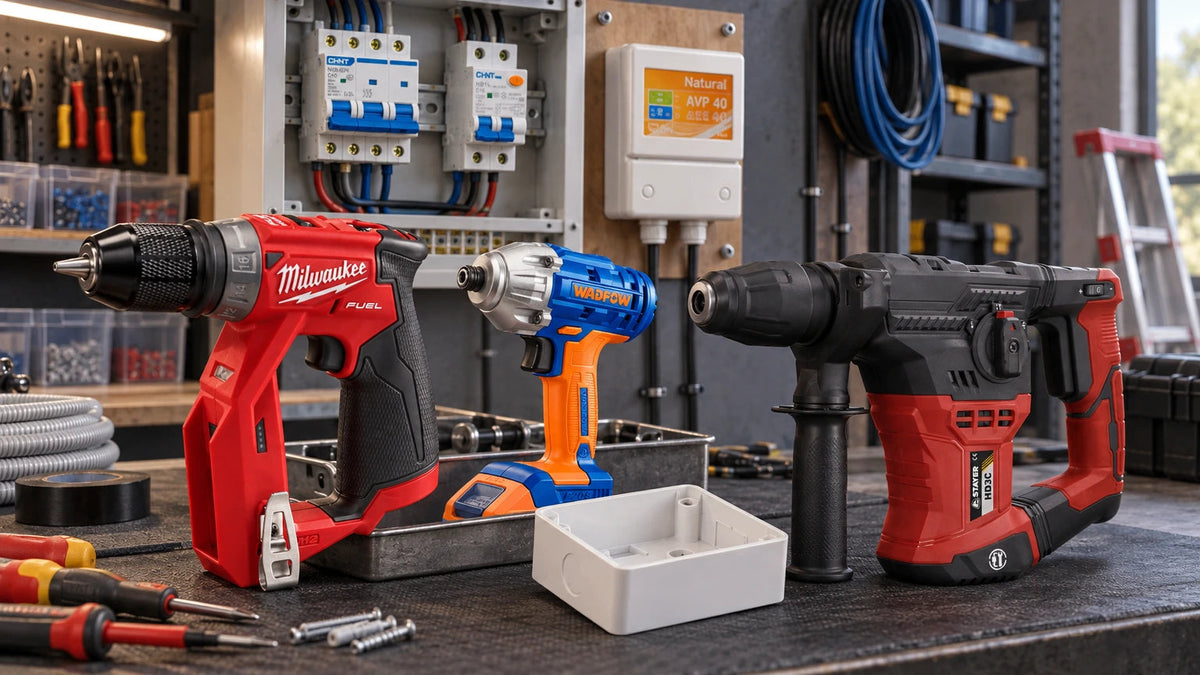 Professional electrician tools and electrical protection components arranged on a workshop bench with mounted circuit breakers and voltage protector