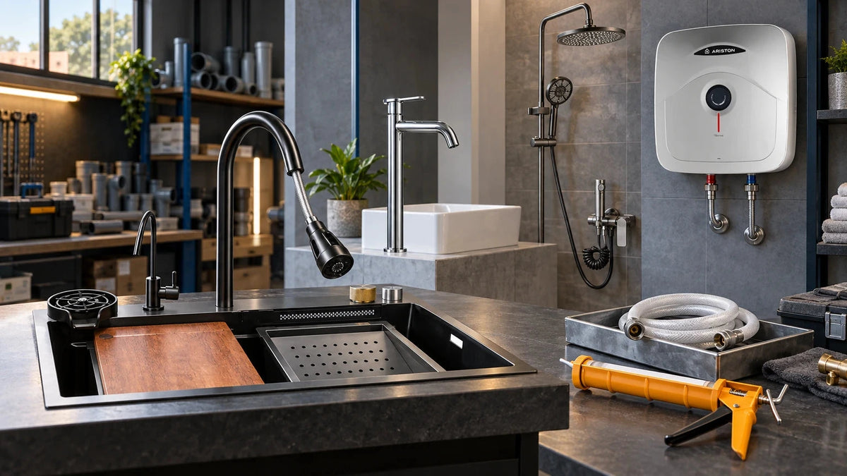 Plumbing supplies arranged in a professional workshop with an installed workstation sink, basin tap, wall-mounted shower set, Ariston water heater, flexible WAD