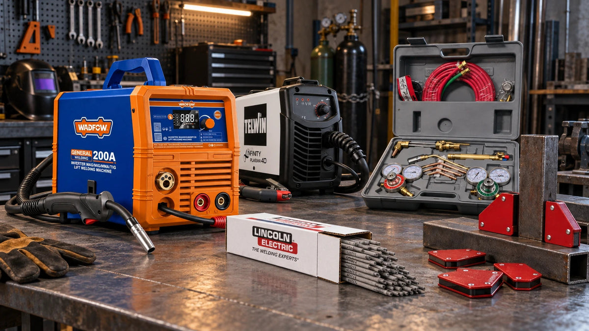 Welding and fabrication equipment arranged on a workshop bench, including multiprocess welder, plasma cutter, oxy-fuel kit, magnetic holders and welding rod box