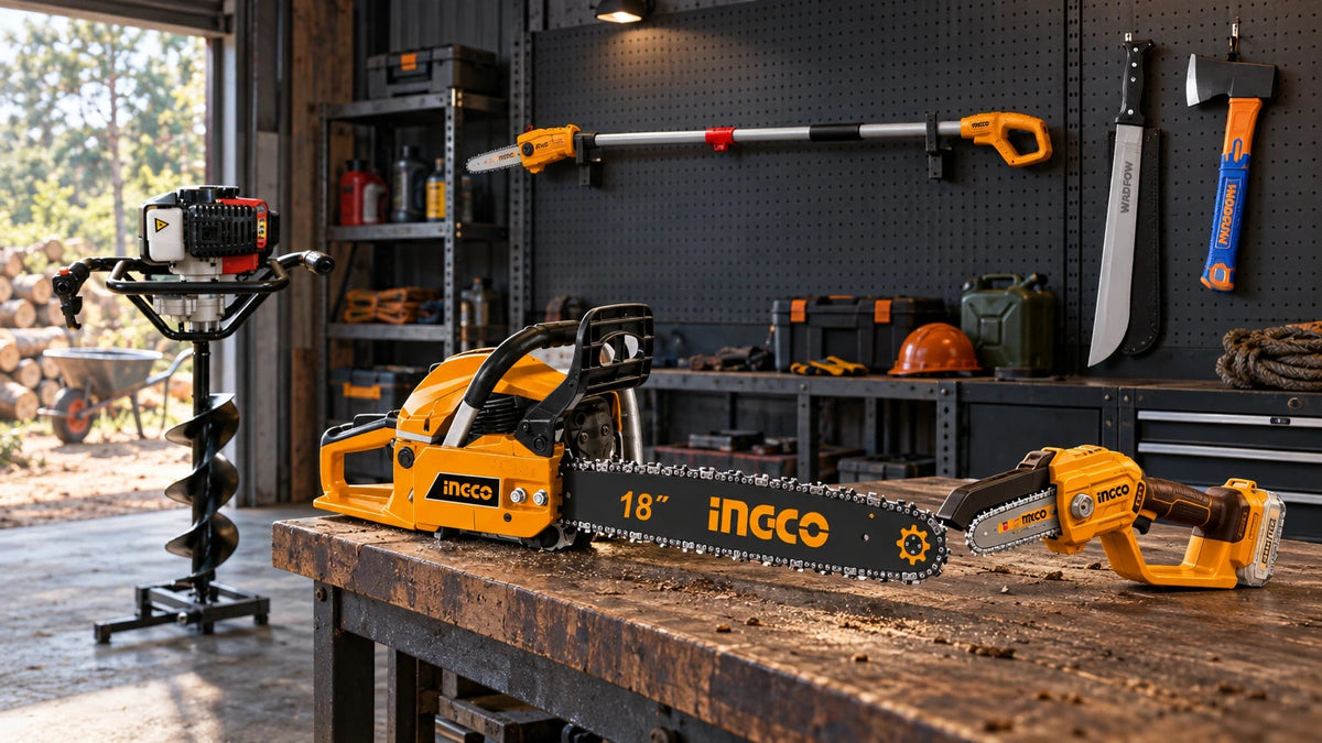 Ingco chainsaws and telescopic pole saw with a Power earth auger, Wadfow machete and axe arranged on a professional forestry workshop bench and tool rack