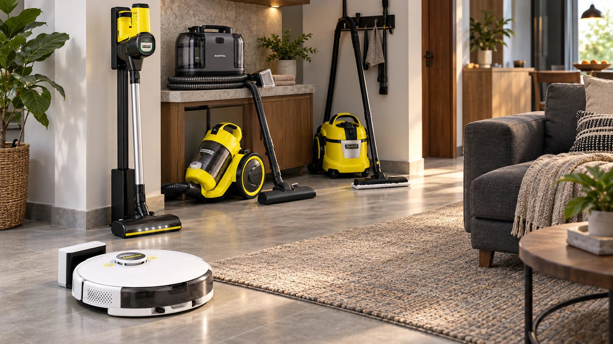 Karcher and Kumtel household vacuum and floor-care appliances arranged in a contemporary living room, including a robot vacuum, canister vacuum, cordless stick,