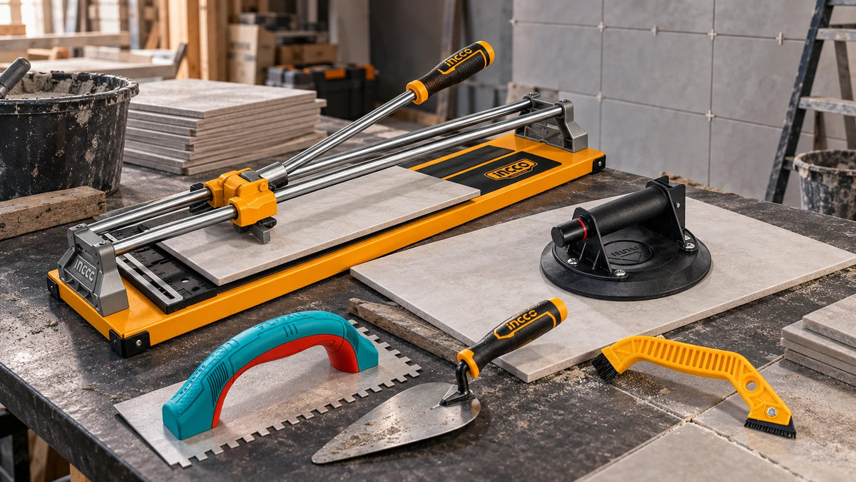 Professional masonry, tiling and finishing tools arranged on a workshop bench with an Ingco tile cutter, suction cup lifter, notched trowel, bricklaying trowel,