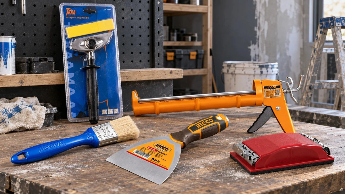 Painting, caulking and surface preparation tools including a paint brush, sealant gun, scraper, putty trowel and sanding block arranged on a professional work2.