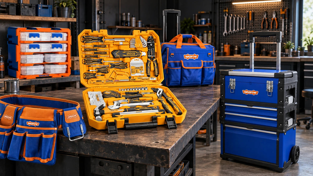 Open Ingco hand tool set with Wadfow rolling bags, modular trolley toolbox, organiser tower and tool belt arranged on a workshop bench and storage shelf