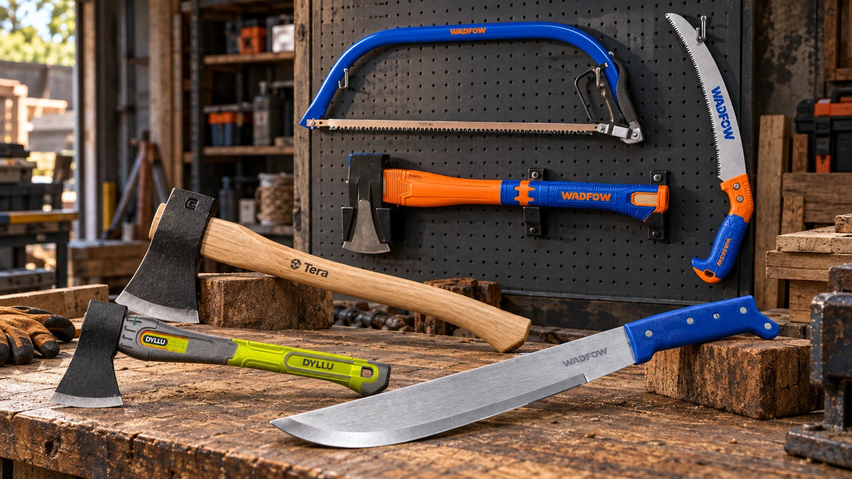 Axes, machetes, pruning saw and bow saw arranged on a timber workbench and tool wall in a professional workshop