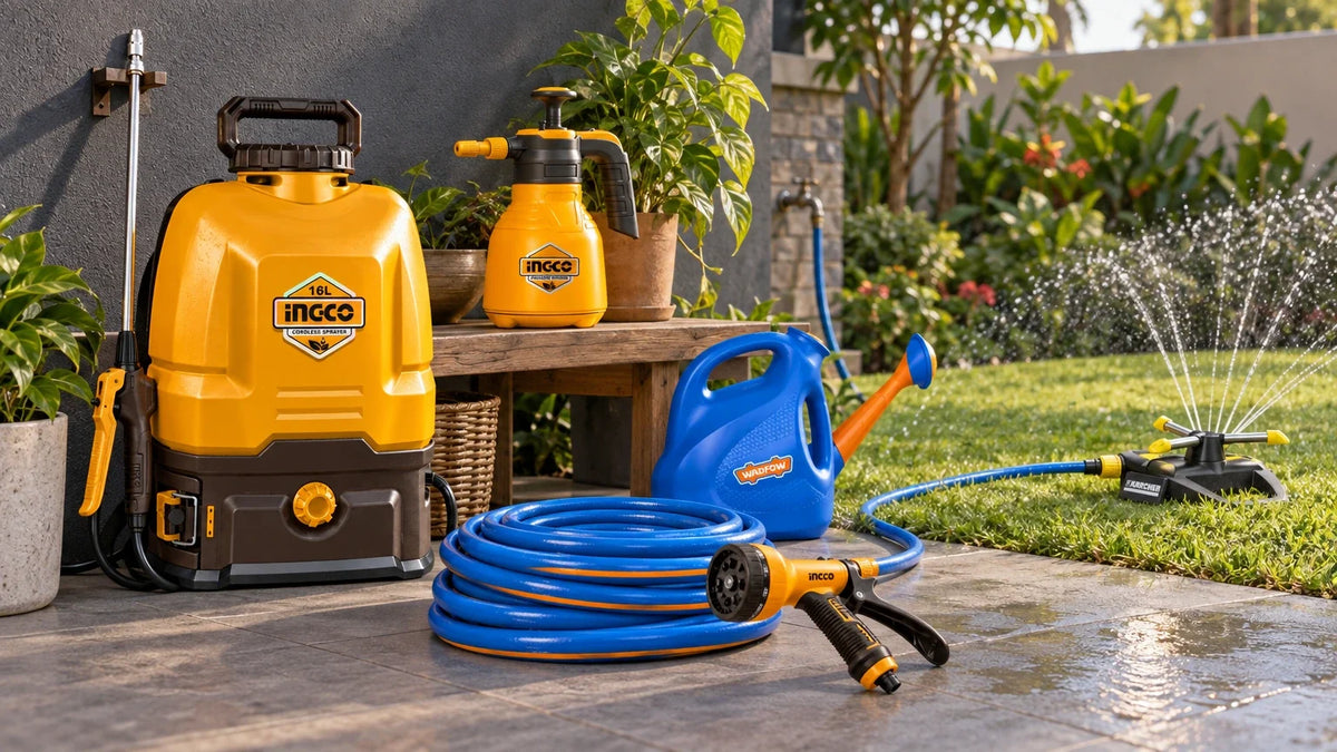 Watering, irrigation and spraying tools arranged in a Ghanaian home garden with an Ingco knapsack sprayer, pressure sprayer, Wadfow hose and watering can, Karch