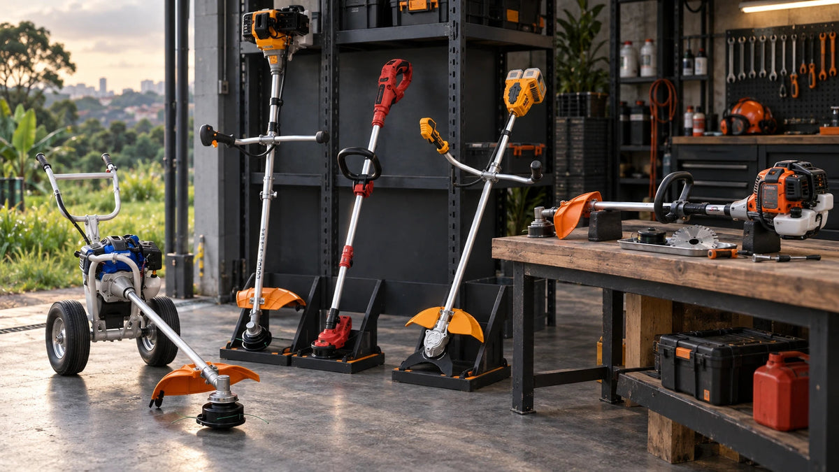 Brush cutters from petrol, cordless, hand-push and multi-attachment models arranged in an organised professional workshop at Supply Master