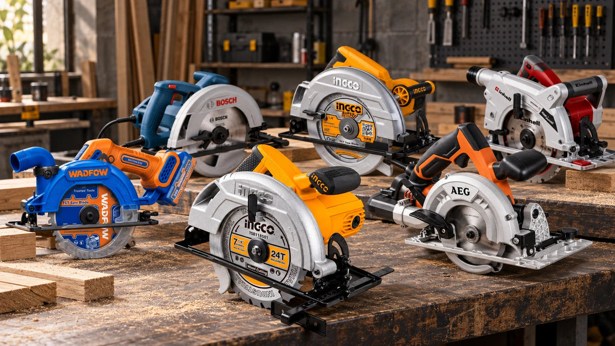 Six branded circular saws including Ingco, Wadfow, Bosch, AEG and Einhell arranged on a woodworking workshop bench to show corded, cordless and varied bladeขsiz