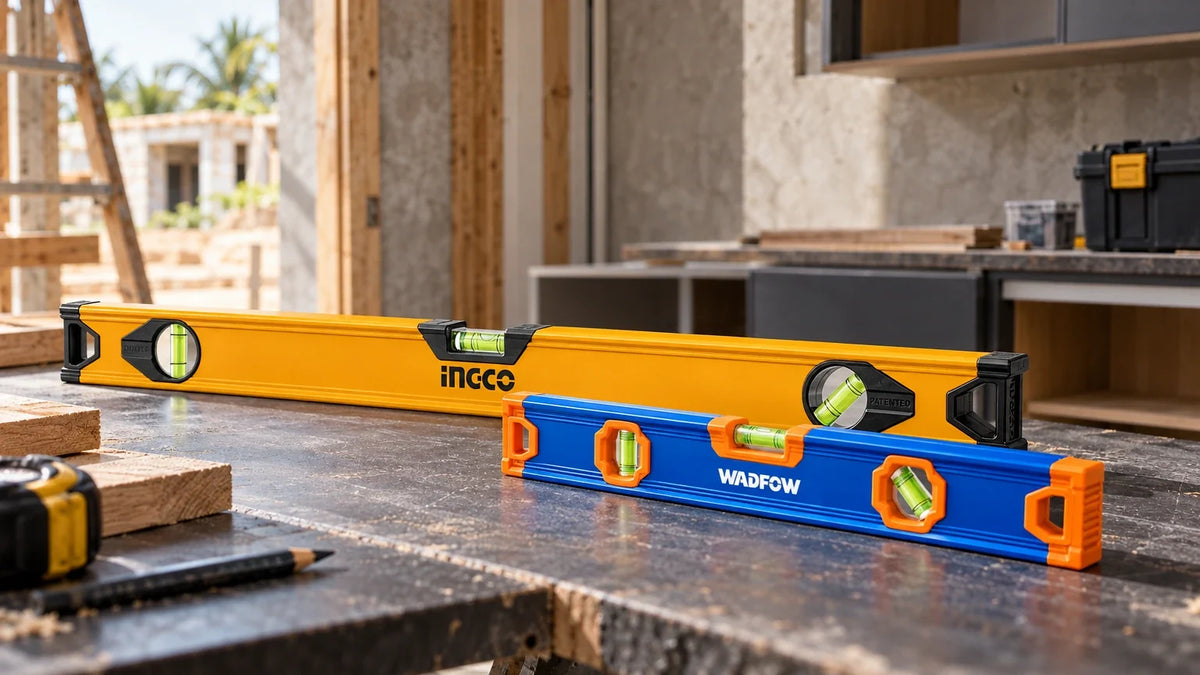Ingco and Wadfow spirit levels arranged on a workshop bench for construction and installation alignment work