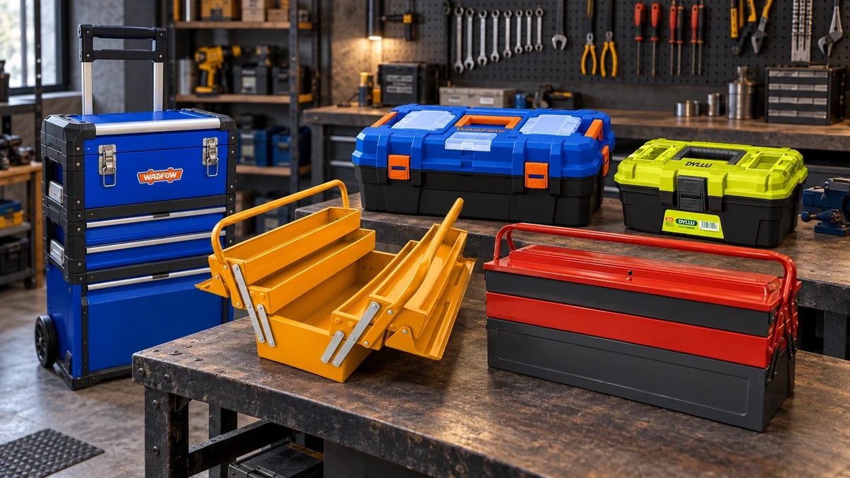 Range of Dyllu, Wadfow, Ingco and Tera tool boxes arranged on a workshop bench with a wheeled toolbox standing on the floor