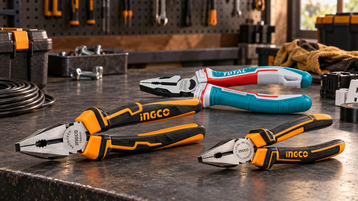 Ingco and Total combination pliers arranged on a workshop bench in a range of sizes and handle designs for gripping, bending, twisting and cutting wire.