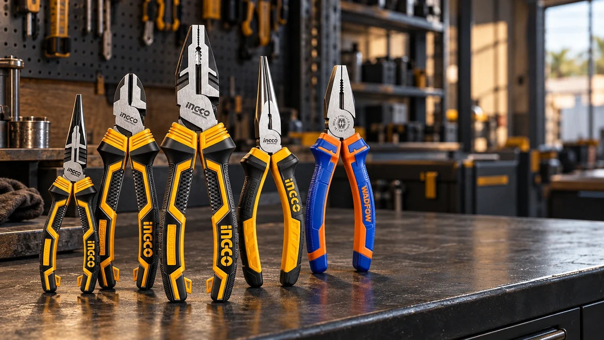 Ingco and Wadfow plier sets arranged on an organised workshop bench, showing combination, long-nose and cutting pliers for electrical, mechanical and general0