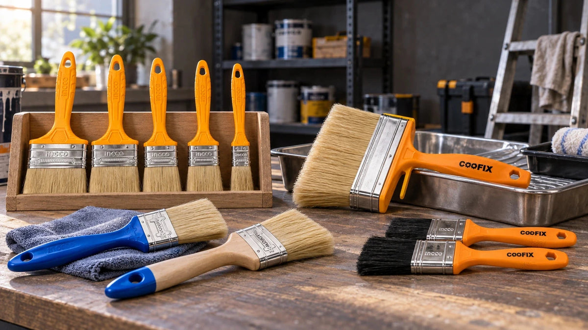 INGCO, Wadfow and Coofix paint brushes arranged on a professional workshop bench, showing assorted sizes, wooden and plastic handles, a ceiling brush and black‑
