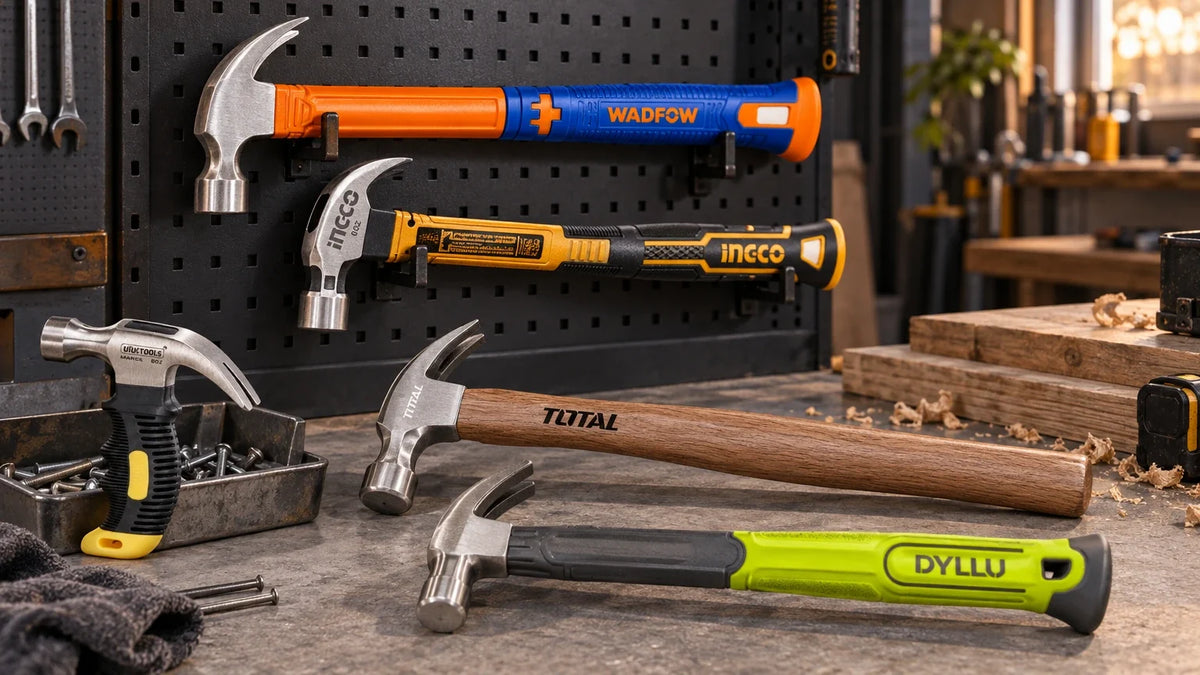 Five branded claw hammers in different sizes and handle styles arranged on a workshop bench and tool rack, including compact, wooden-handle, long-handle and fib