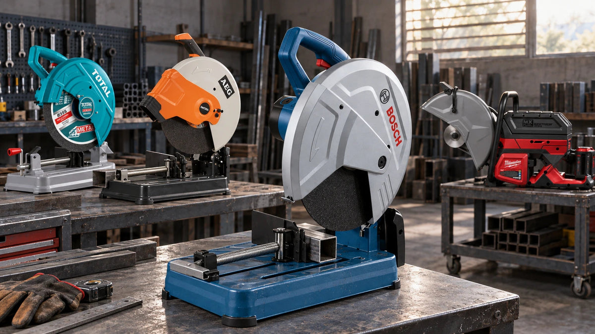 Bosch, Total, AEG and Milwaukee cut-off saws grounded on workbenches in an organised metal fabrication workshop, showing corded and cordless options