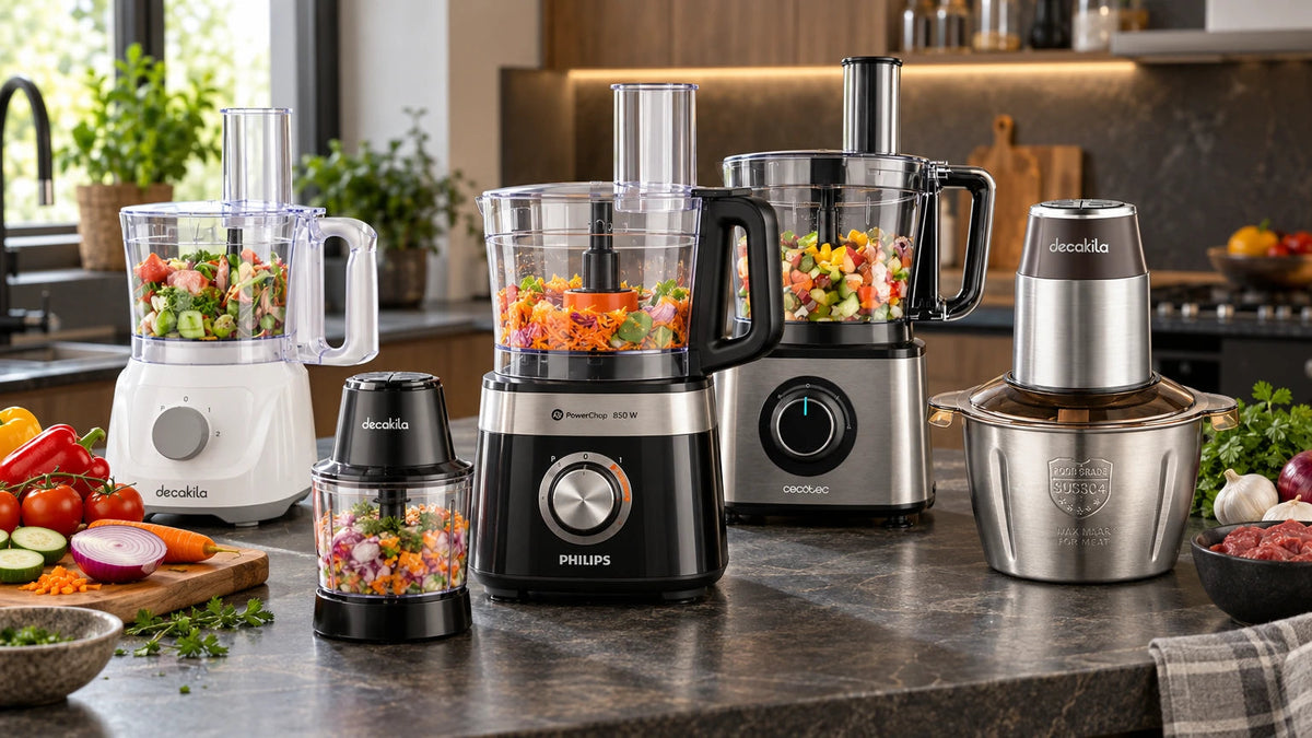 Food processors and choppers from Philips, Cecotec and Decakila arranged on a contemporary kitchen island, showing compact, stainless-steel and high-capacity12?