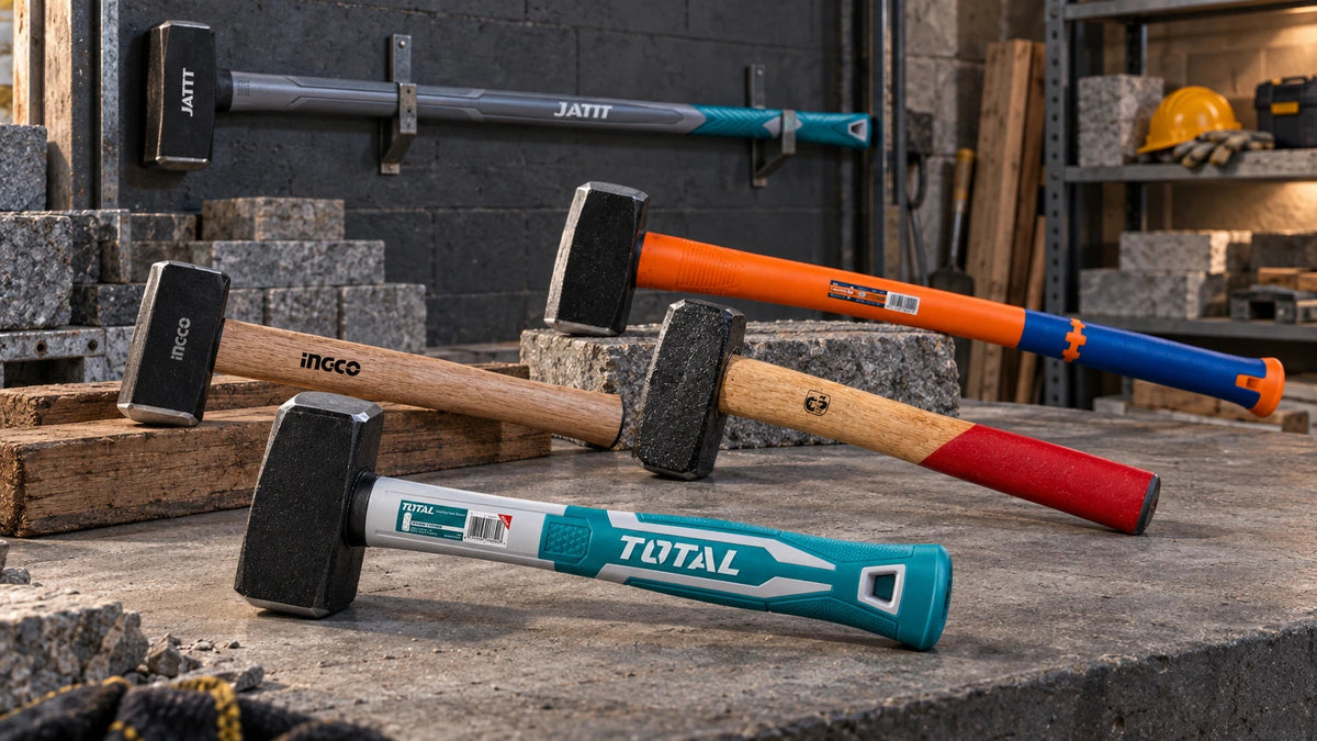 Stoning hammer range including Total fibreglass, hardwood-handle and heavy-duty masonry hammers arranged on a concrete workshop bench