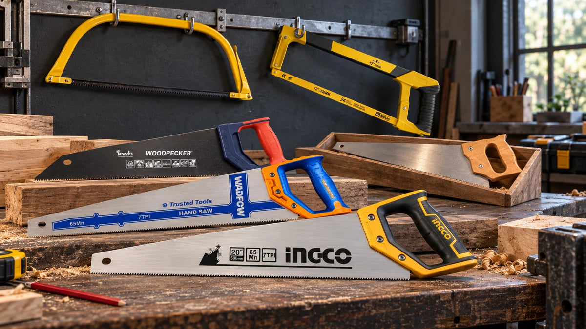 Hand saw collection including Ingco, Wadfow, Kwb, Hunter and Tera saws arranged on a professional workshop bench and tool rail