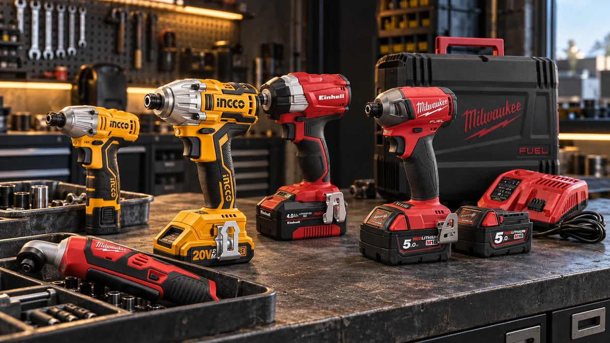 Cordless impact driver range including Ingco, Einhell and Milwaukee models arranged on a professional workshop bench